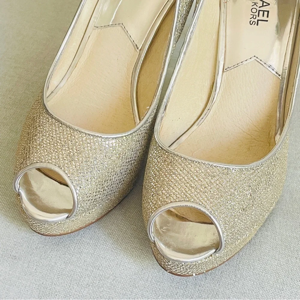 Michael Kors MK Women’s Silver Glitter Peep Toe Heels Shoes Size 7.5M - Picture 4 of 12